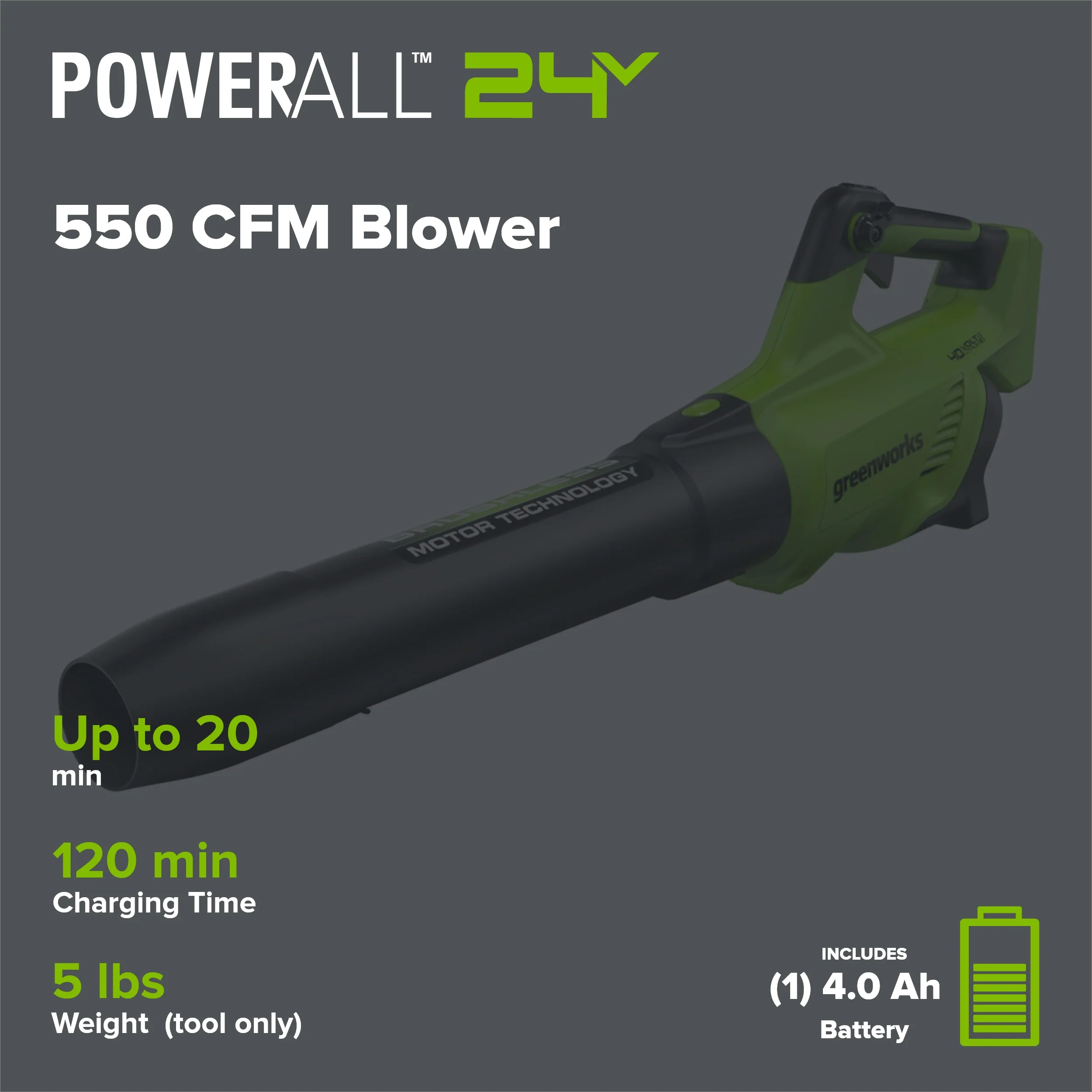 40V 550 CFM Cordless Battery Leaf Blower w/ 4.0 Ah Battery & Charger - Image 2