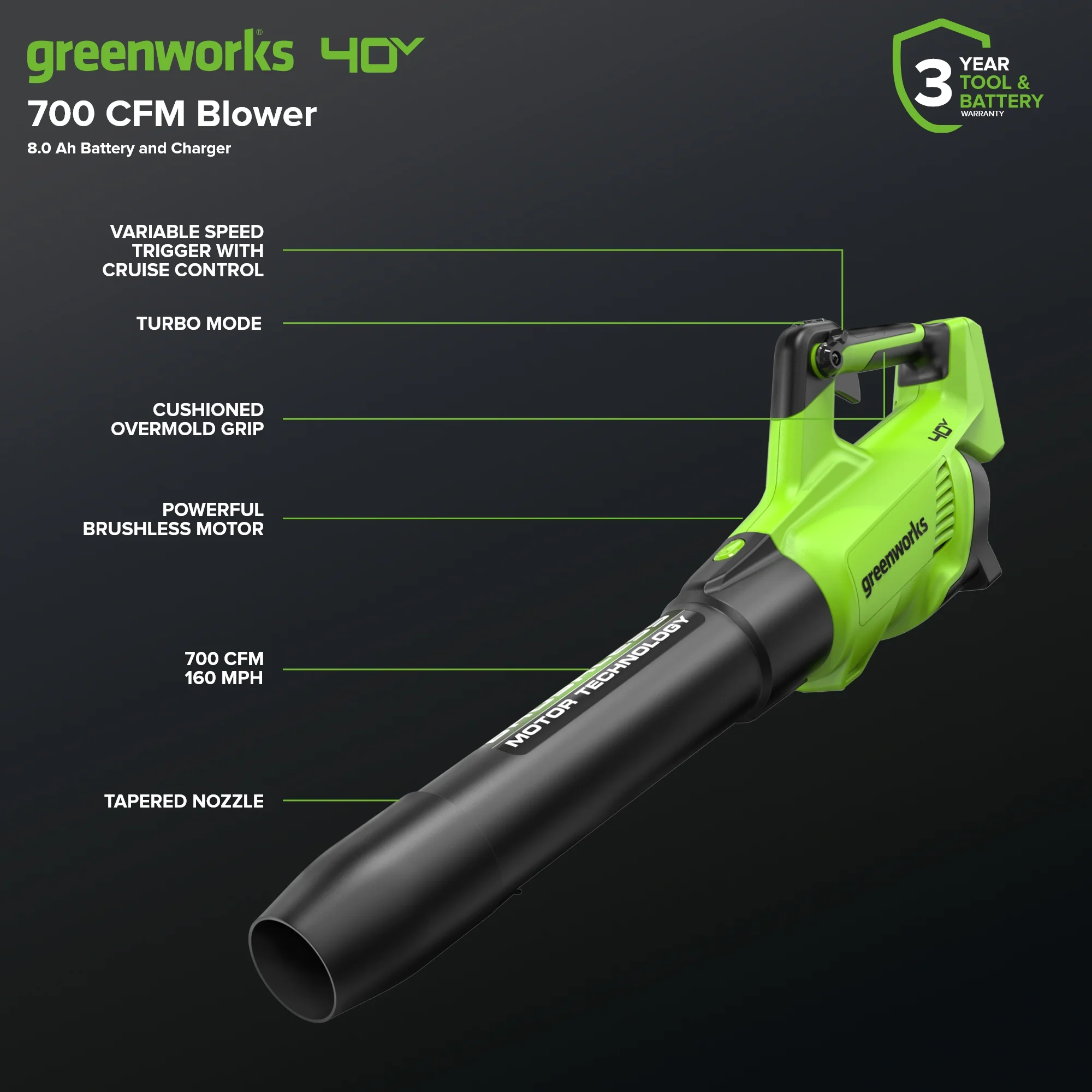 40V Gen 2.5 700 CFM Cordless Battery Brushless Leaf Blower, 8.0 Ah Battery and Charger - Image 3