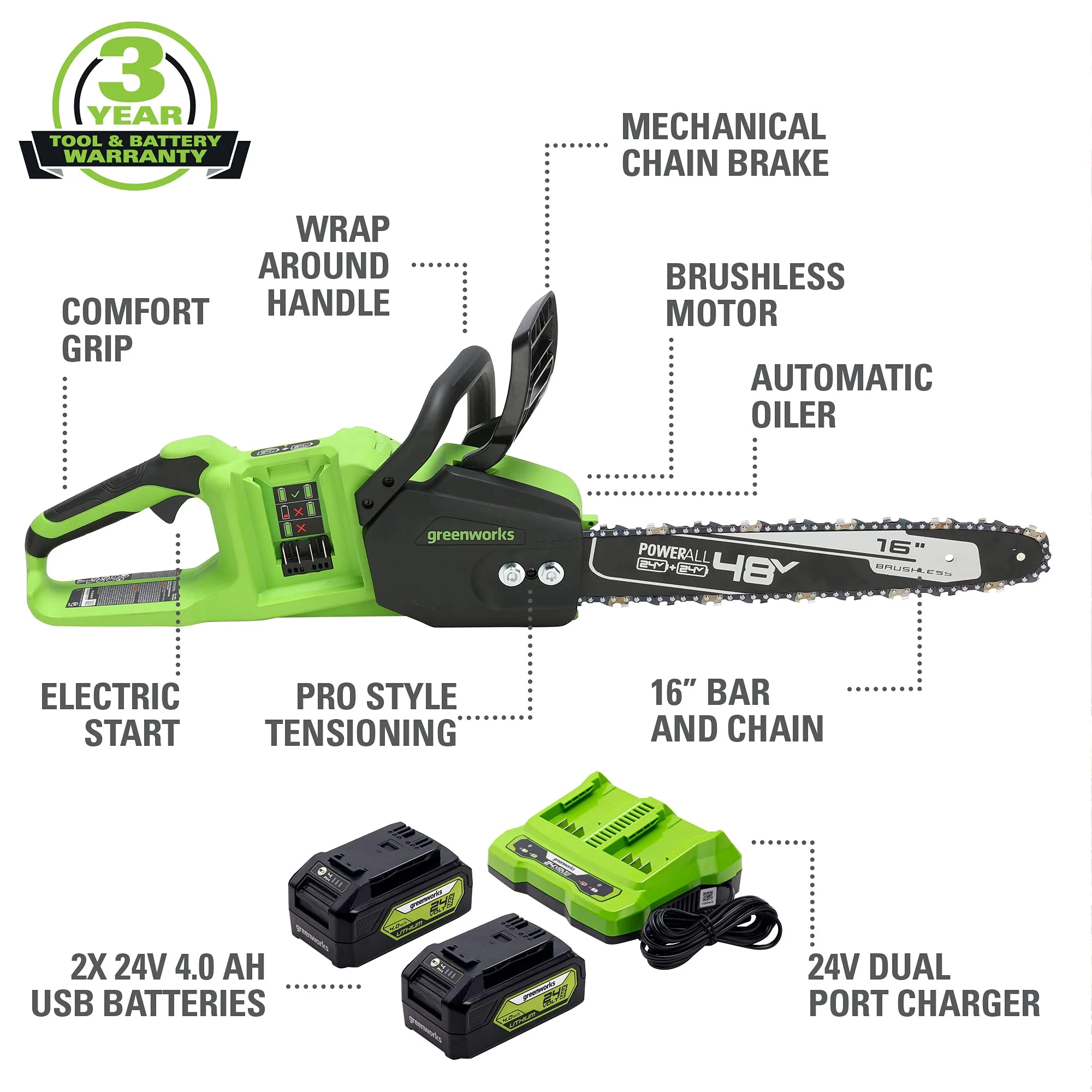 48V (24V x 2) 16" Cordless Battery Chainsaw: (2) 4.0 Ah USB Batteries and Dual-Port Charger - Image 3