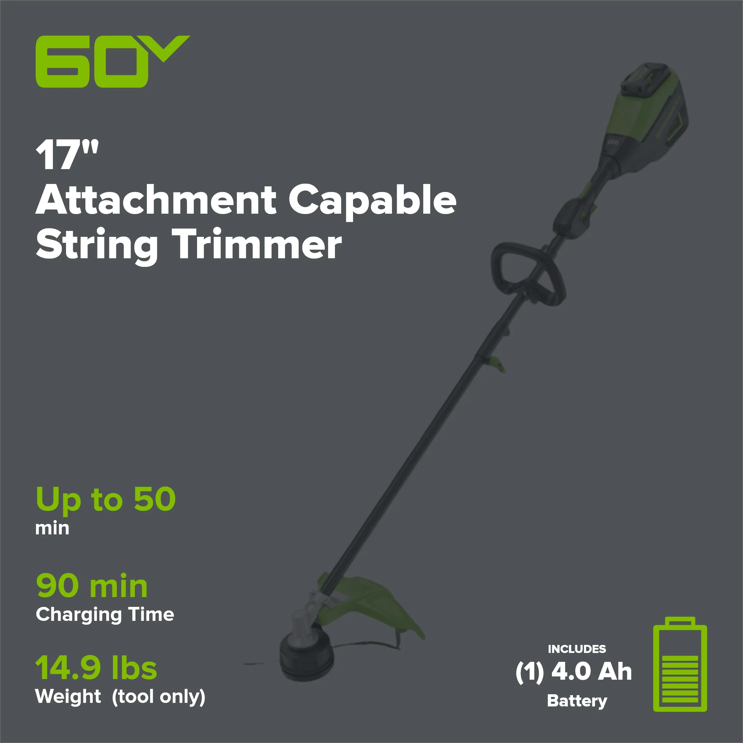 60V 17" Cordless Battery Brushless Attachment Capable String Trimmer: 4.0 Ah Battery and Charger - Image 2