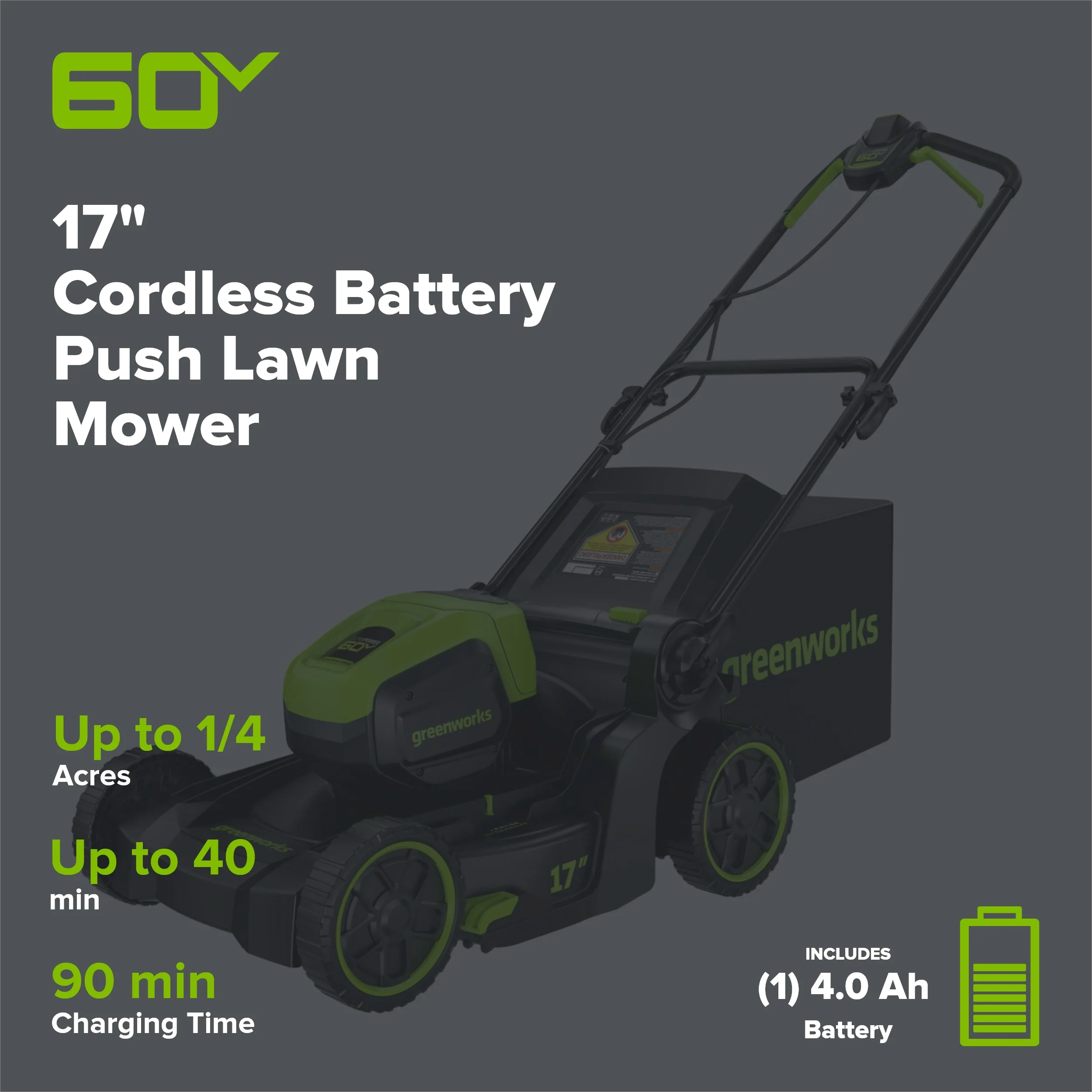 60V 17" Cordless Battery Push Lawn Mower and 610 CFM Jet Blower Combo Kit: 4.0 Ah Battery and Charger - Image 2