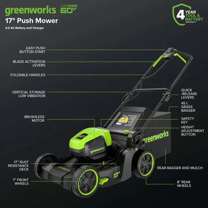 60V 17" Cordless Battery Push Lawn Mower and 13" String Trimmer Combo Kit: 4.0 Ah Battery and Charger - Image 3