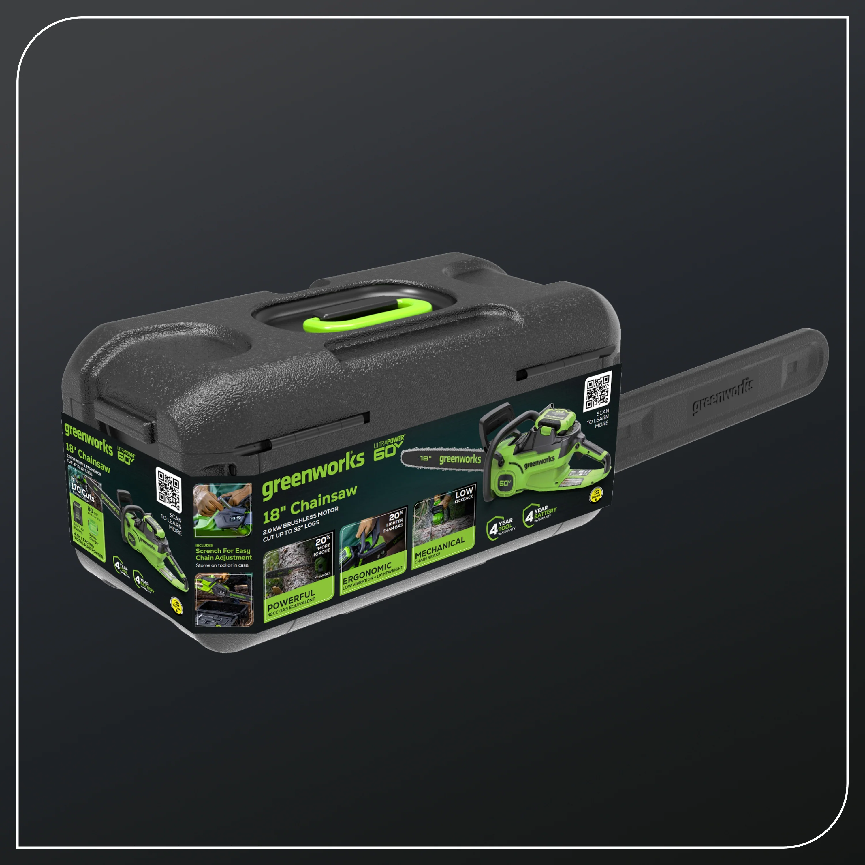 60V 18"Cordless Battery 2.0 kW Chainsaw and Hard Case, 4Ah Battery and Charger - Image 13