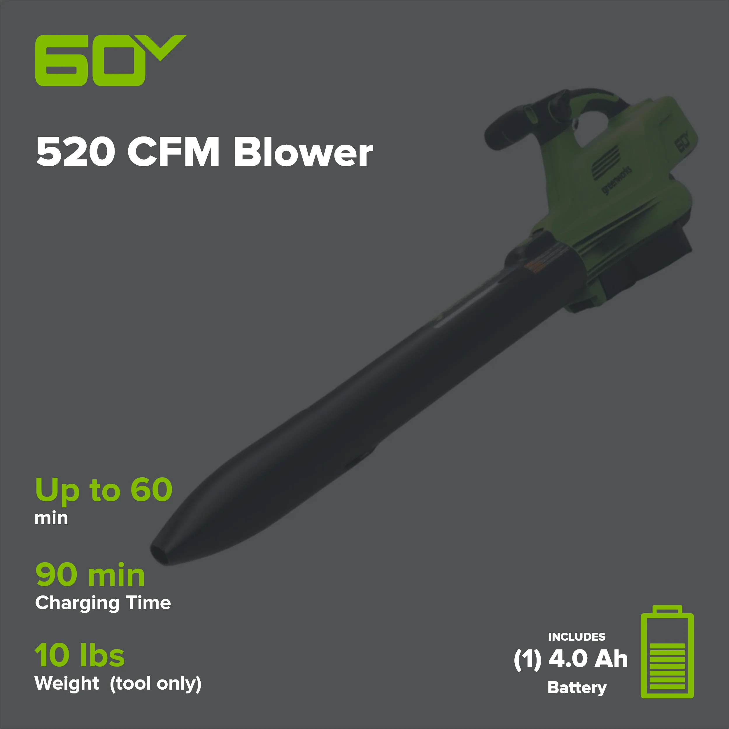 60V 520 CFM Cordless Battery Blower/Vacuum w/ 4Ah Battery and 3A Charger - Image 2