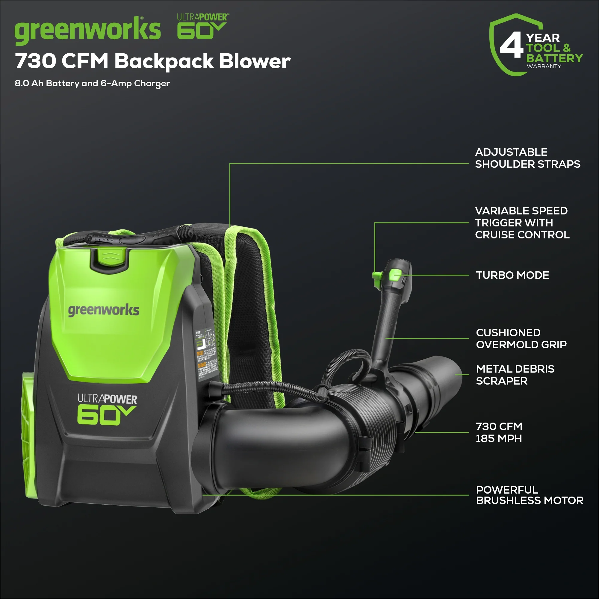 60V 730 CFM Cordless Battery Brushless Backpack Blower, 8.0 Ah Battery and Charger - Image 3