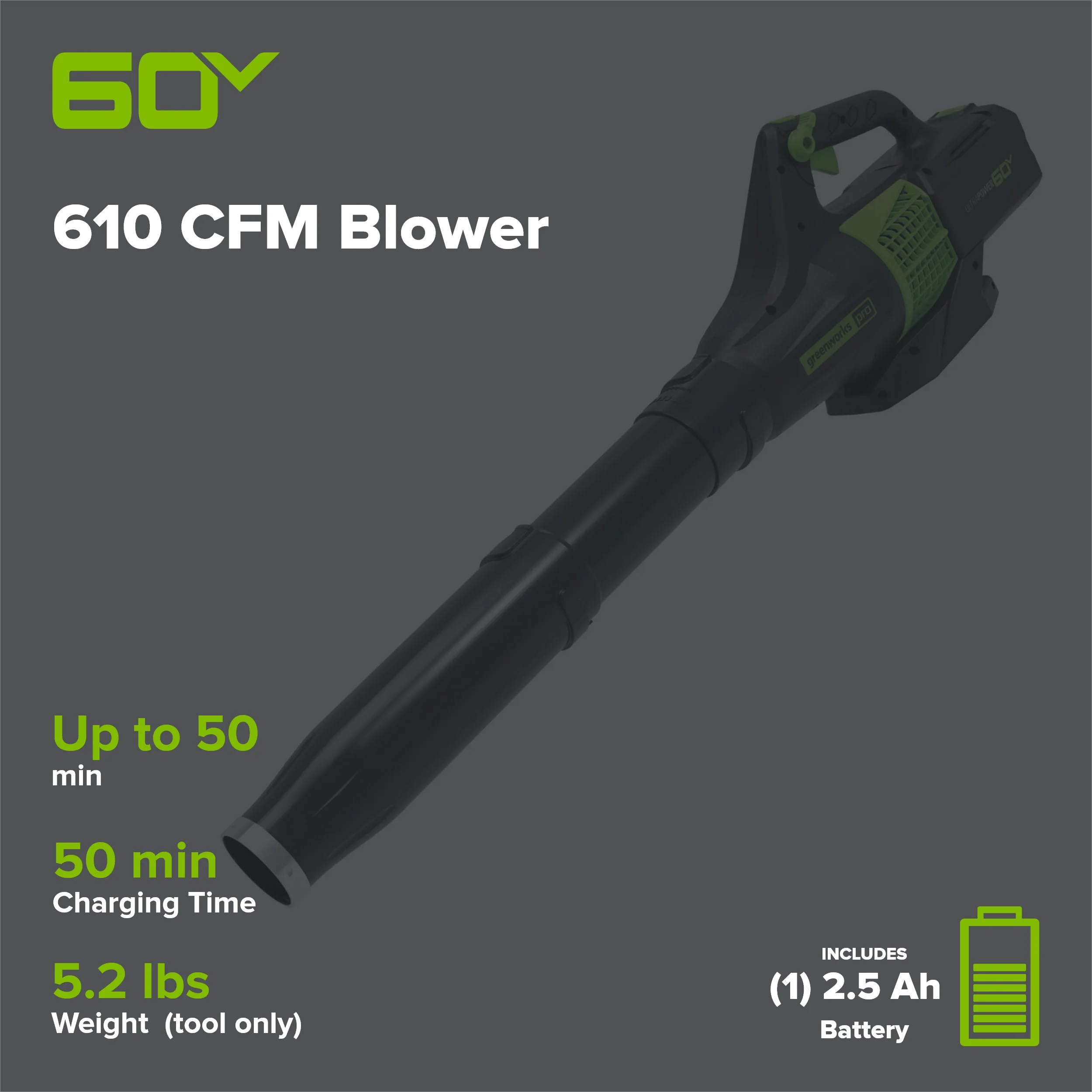 60V 610 CFM Cordless Battery Leaf Blower w/ 2.5Ah Battery & Charger - Image 2