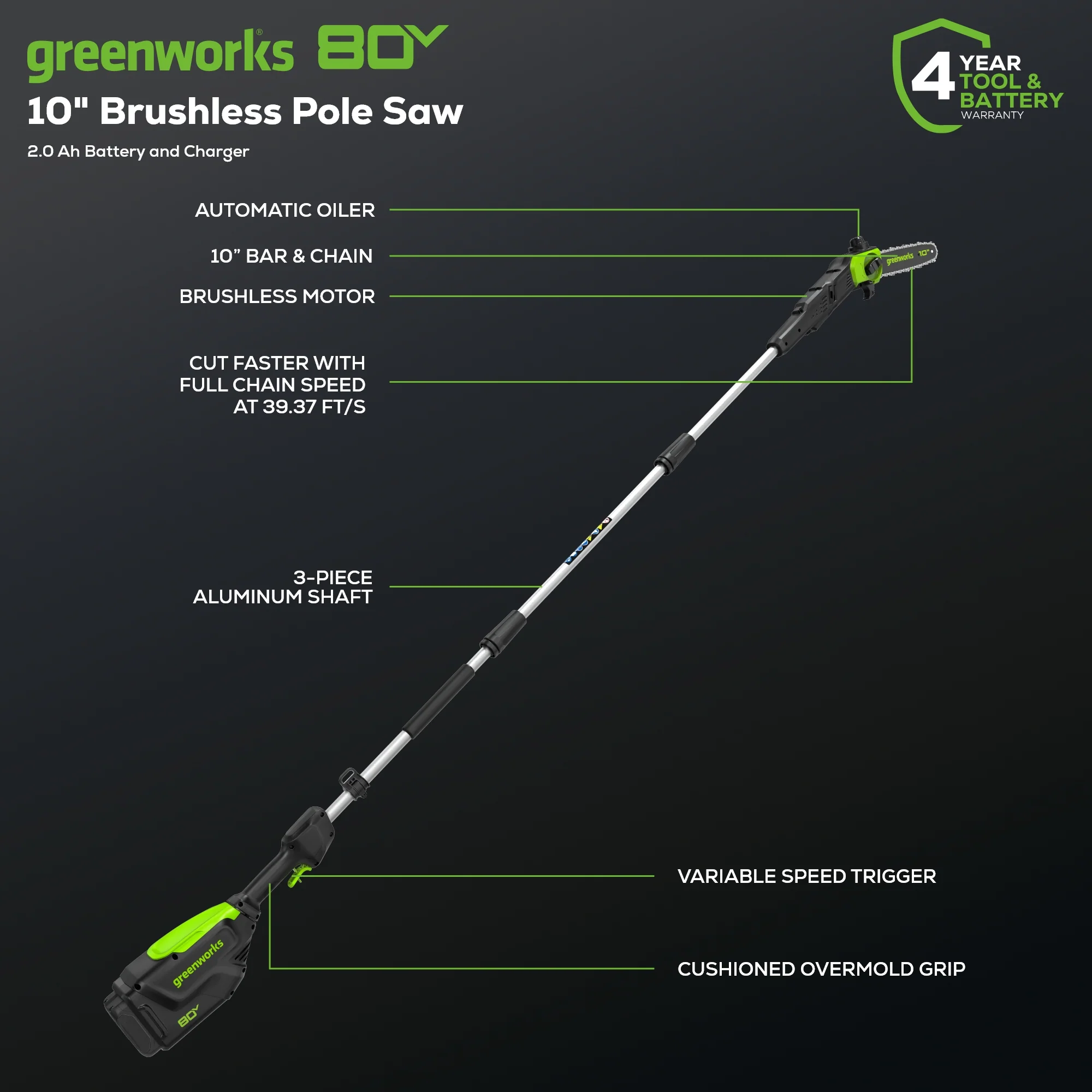 80V Pro 10" Cordless Battery Pole Saw: 2.0 Ah Battery and Charger - Image 3