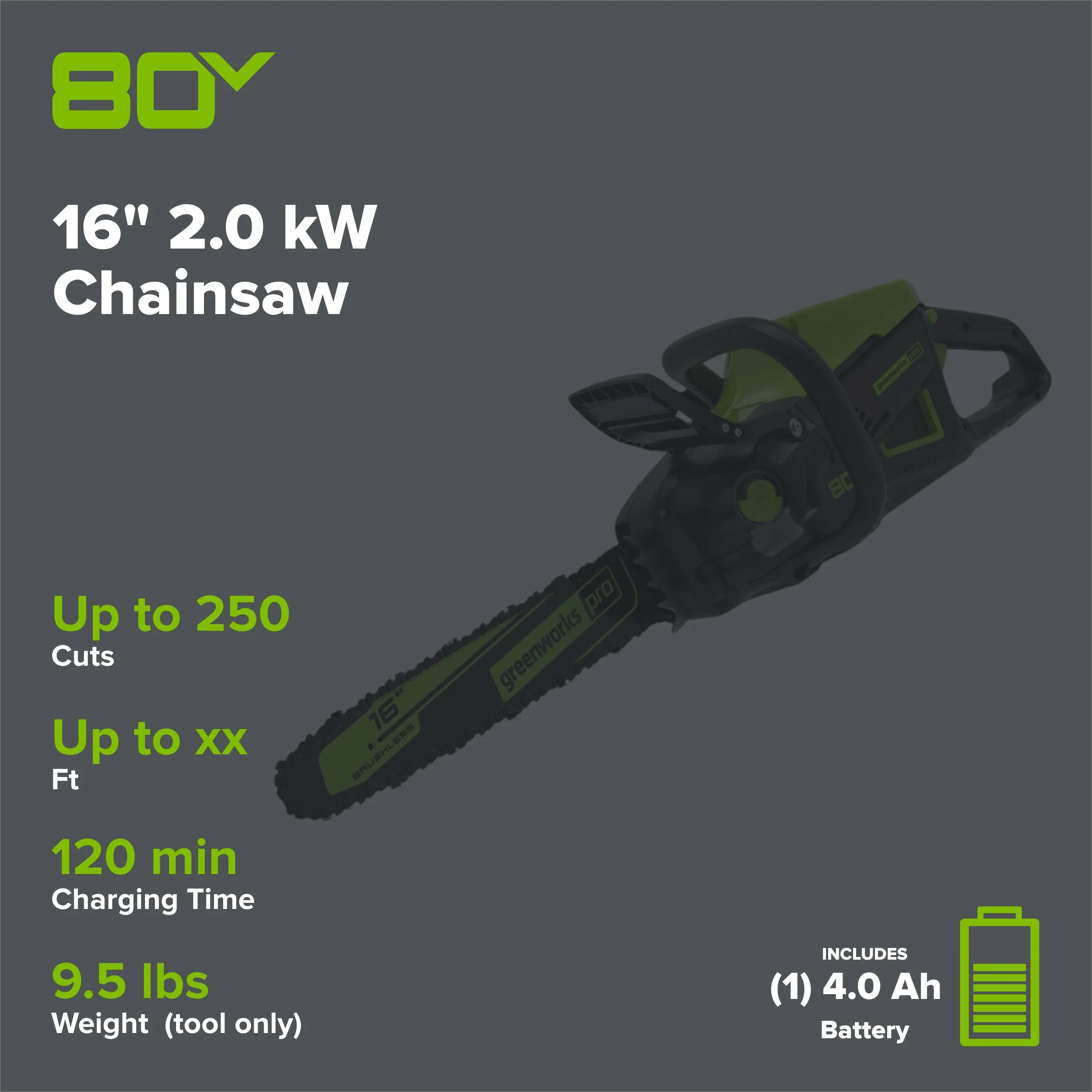 80V 16" 2.0kW Cordless Battery Chainsaw w/ 4.0 Ah Battery & Charger - Image 2