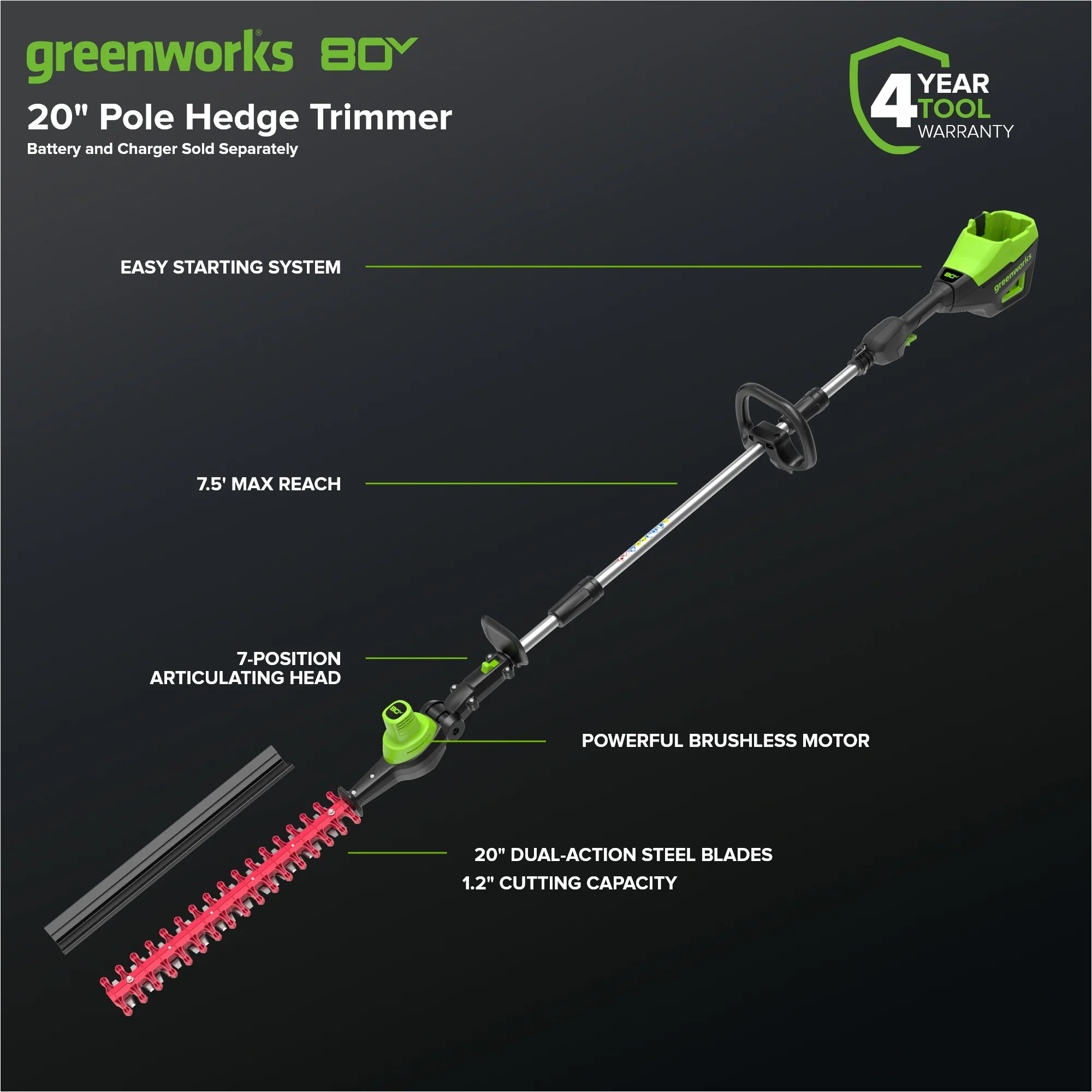 80V 20" Cordless Battery Pole Hedge Trimmer (1.2" cut, 3200 SPM), Tool-Only - Image 2