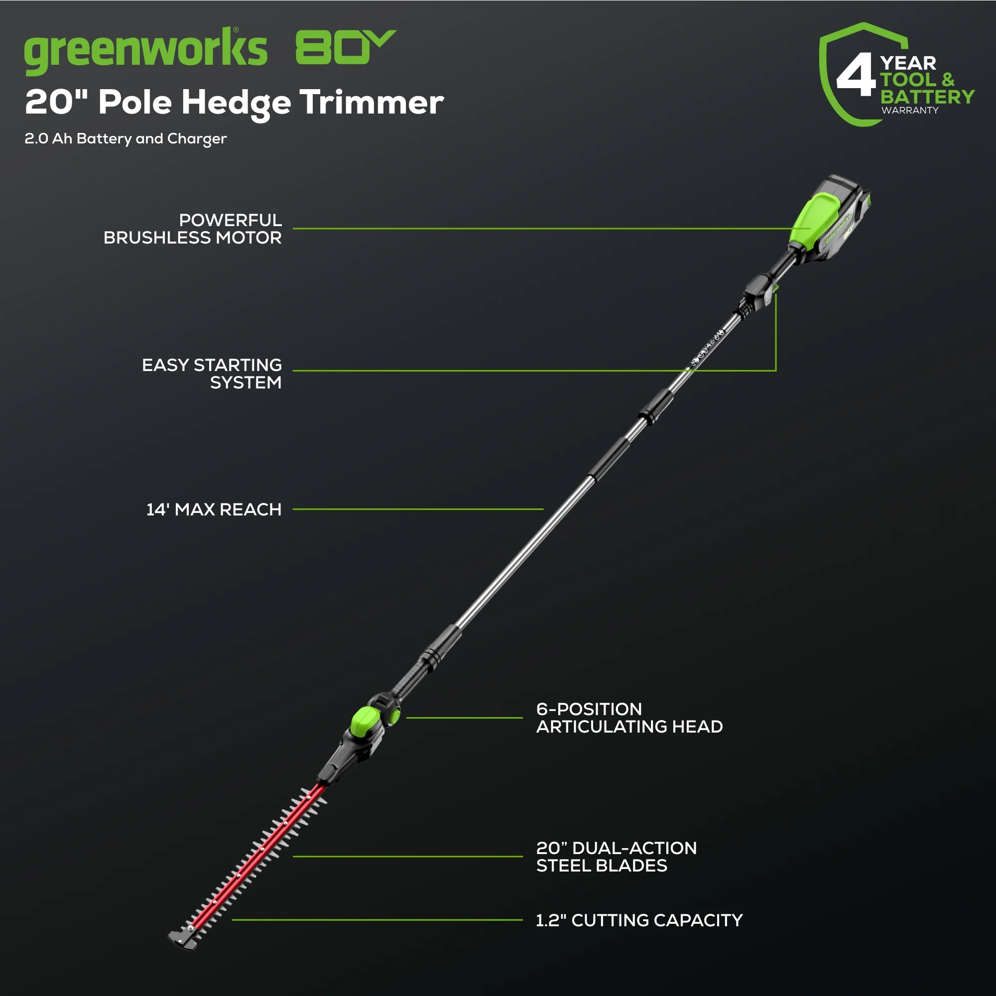 80V 20" Cordless Battery Pole Hedge Trimmer (1.2" cut, 4000 SPM): 2.0 Ah Battery and Charger - Image 2