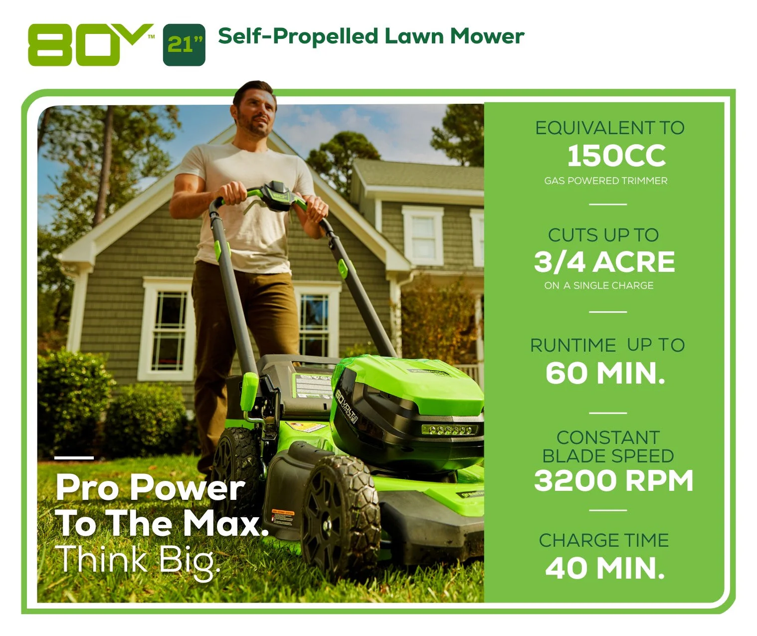 RENEWED 80V 21" Cordless Battery 4-in-1 Self-Propelled Lawn Mower: (1)4.0 Ah, (1)2.0 Ah Battery and Rapid Charger, LM2118S - Image 3