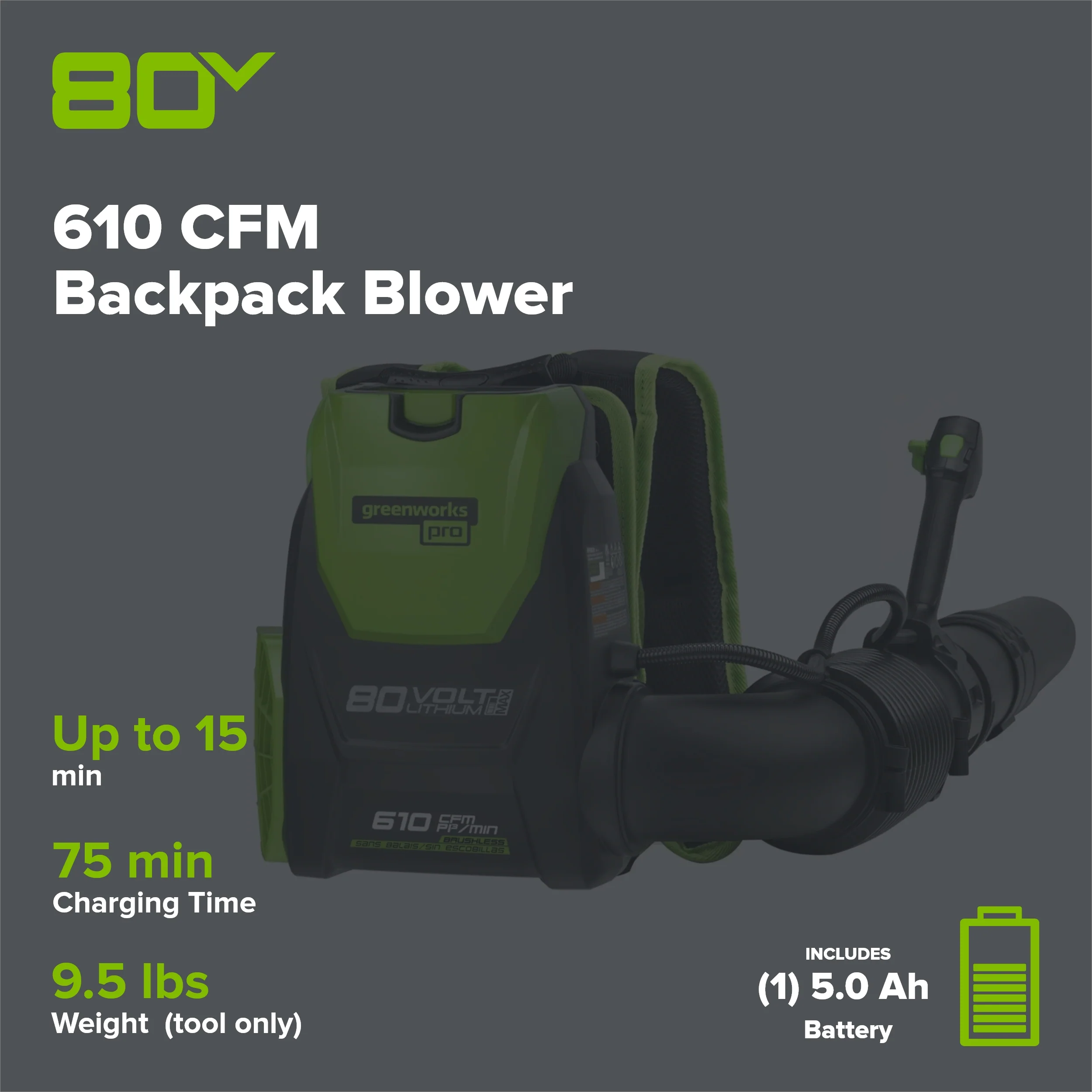 80V 610 CFM Cordless Battery Backpack Blower ,5Ah Battery and Rapid Charger - Image 2