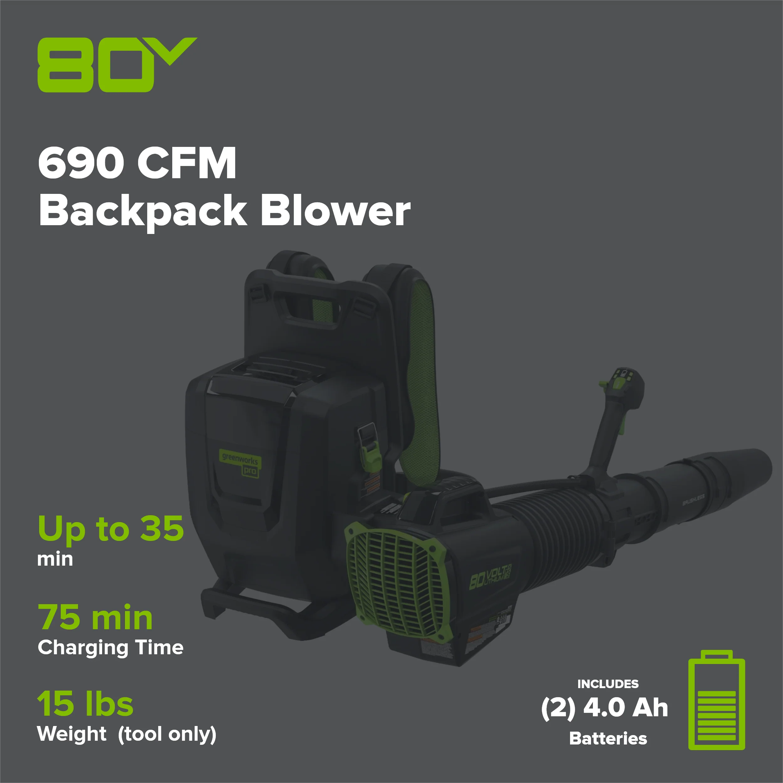 80V 690 CFM Cordless Battery Dual-Port Backpack Blower: (2) 4.0 Ah Batteries and Dual-Port Rapid Charger - Image 2
