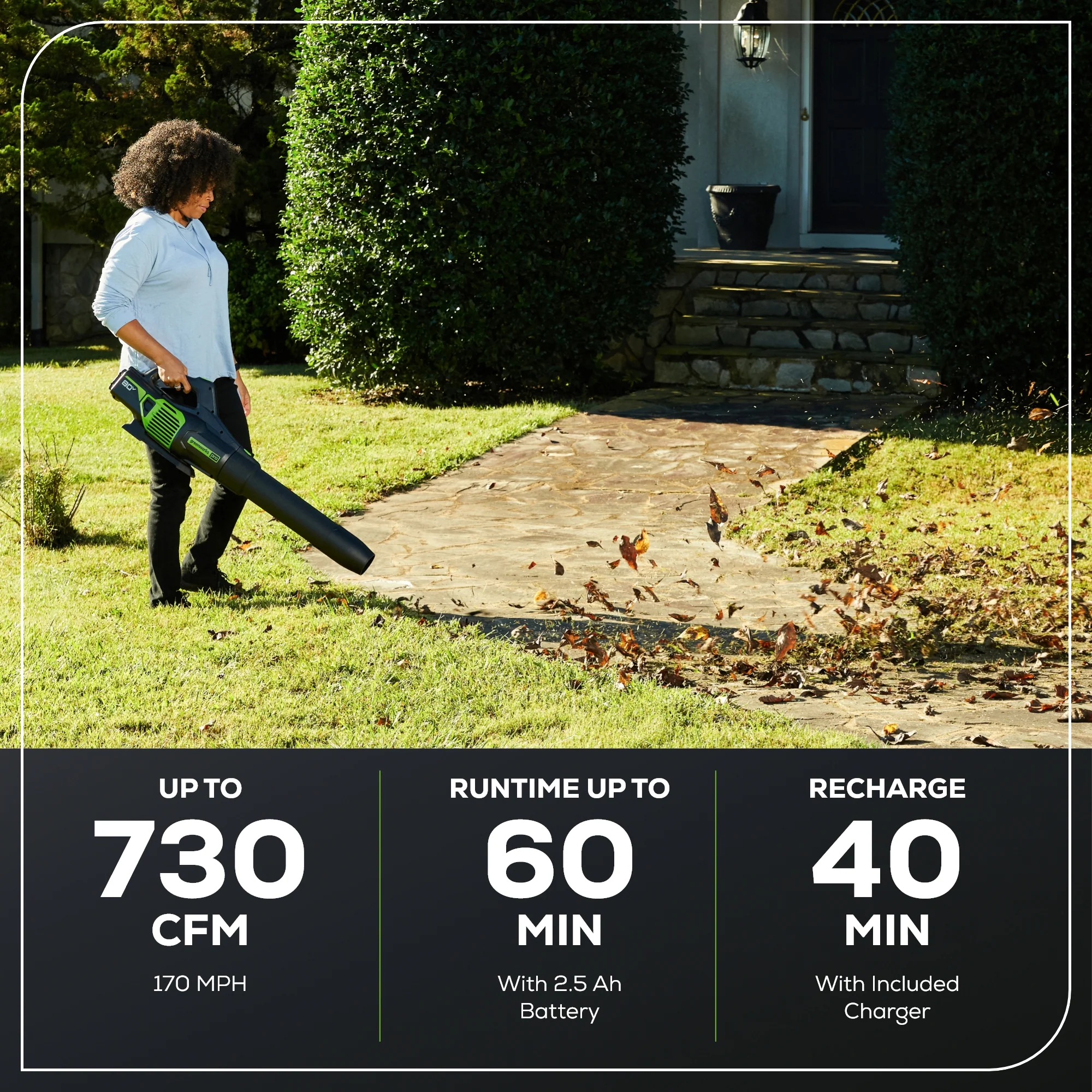 OPEN BOX 80V 730 CFM Cordless Battery Leaf Blower: 2.5 Ah Battery and Rapid Charger - Image 3