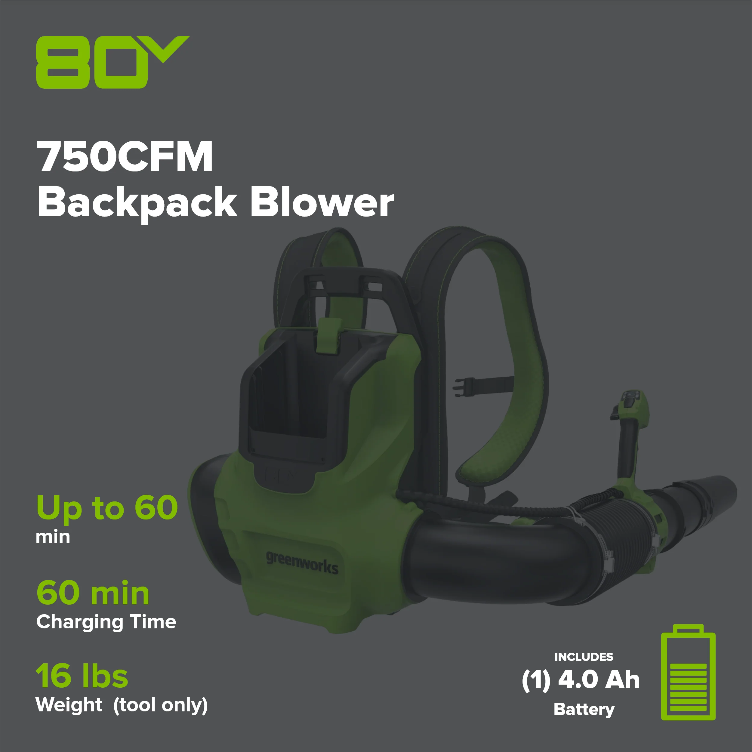 80V 750CFM Cordless Battery Single Port Backpack Blower, 4Ah Battery and Charger - Image 2
