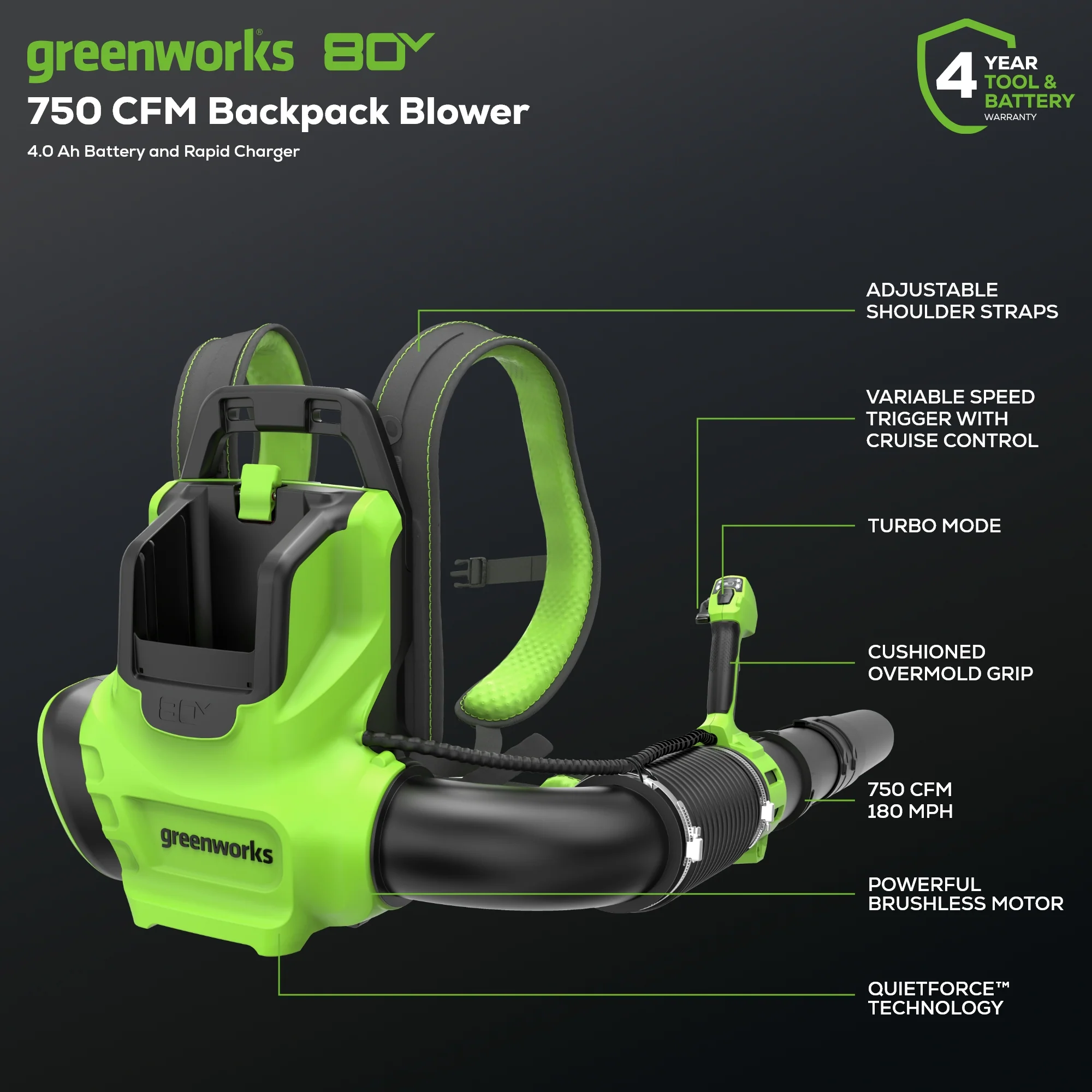 80V 750CFM Cordless Battery Single Port Backpack Blower, 4Ah Battery and Charger - Image 3