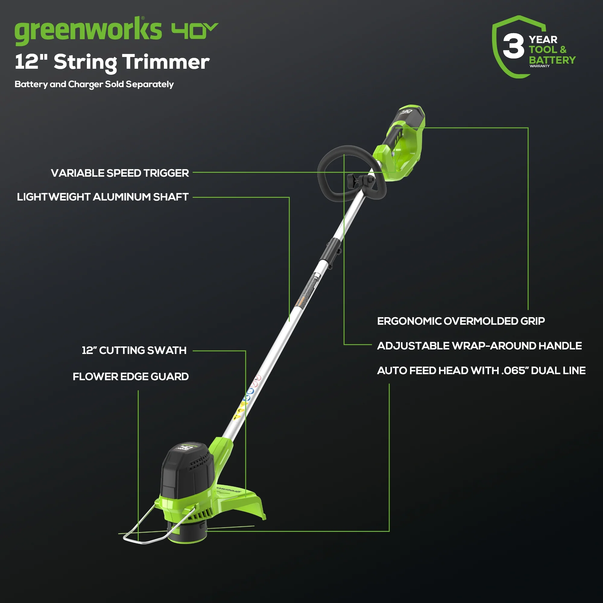 40V 12" Cordless Battery String Trimmer (Tool Only) - Image 3