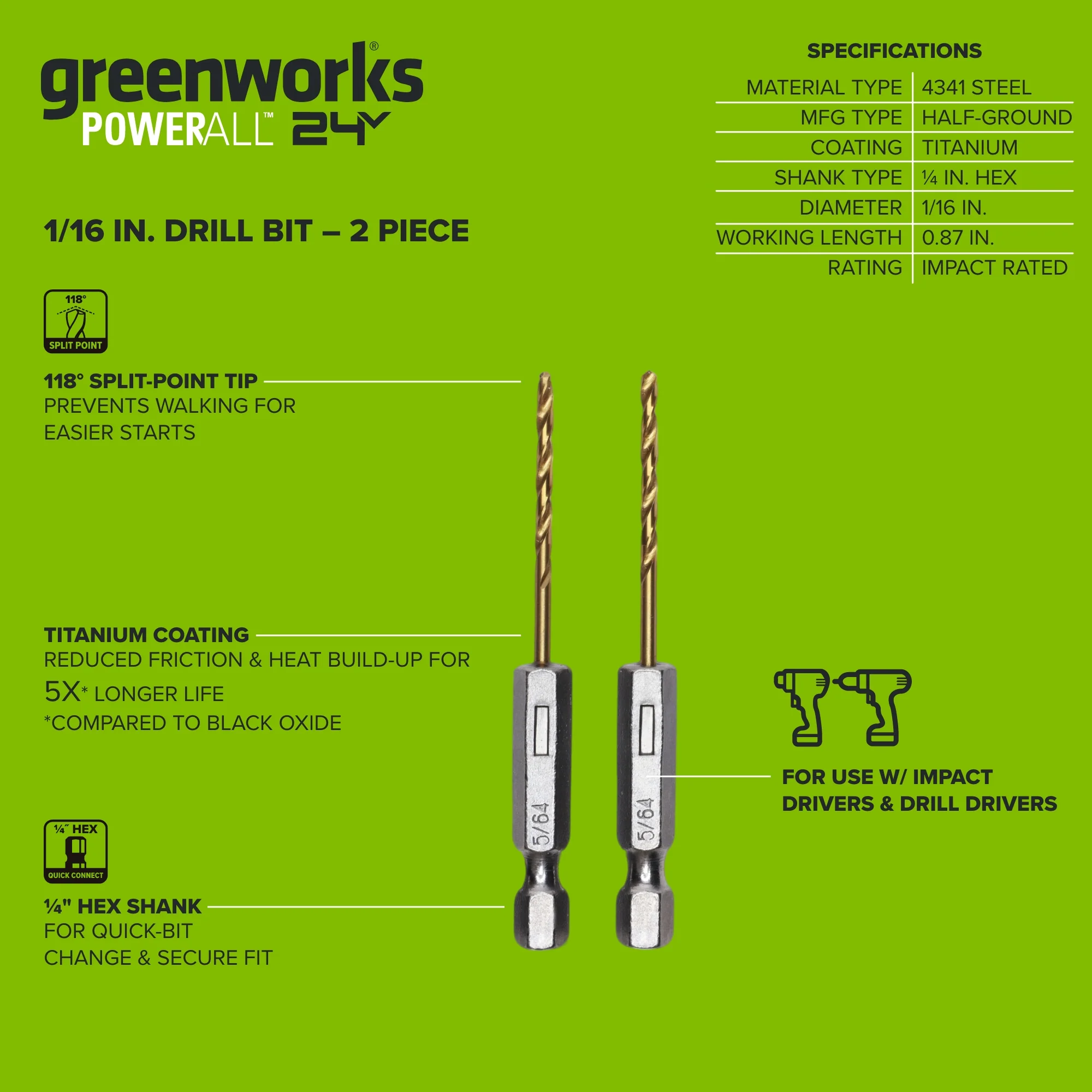Half Ground 2-PC 1/16-inch Hex Shank Titanium Drill Bit Set - Image 3