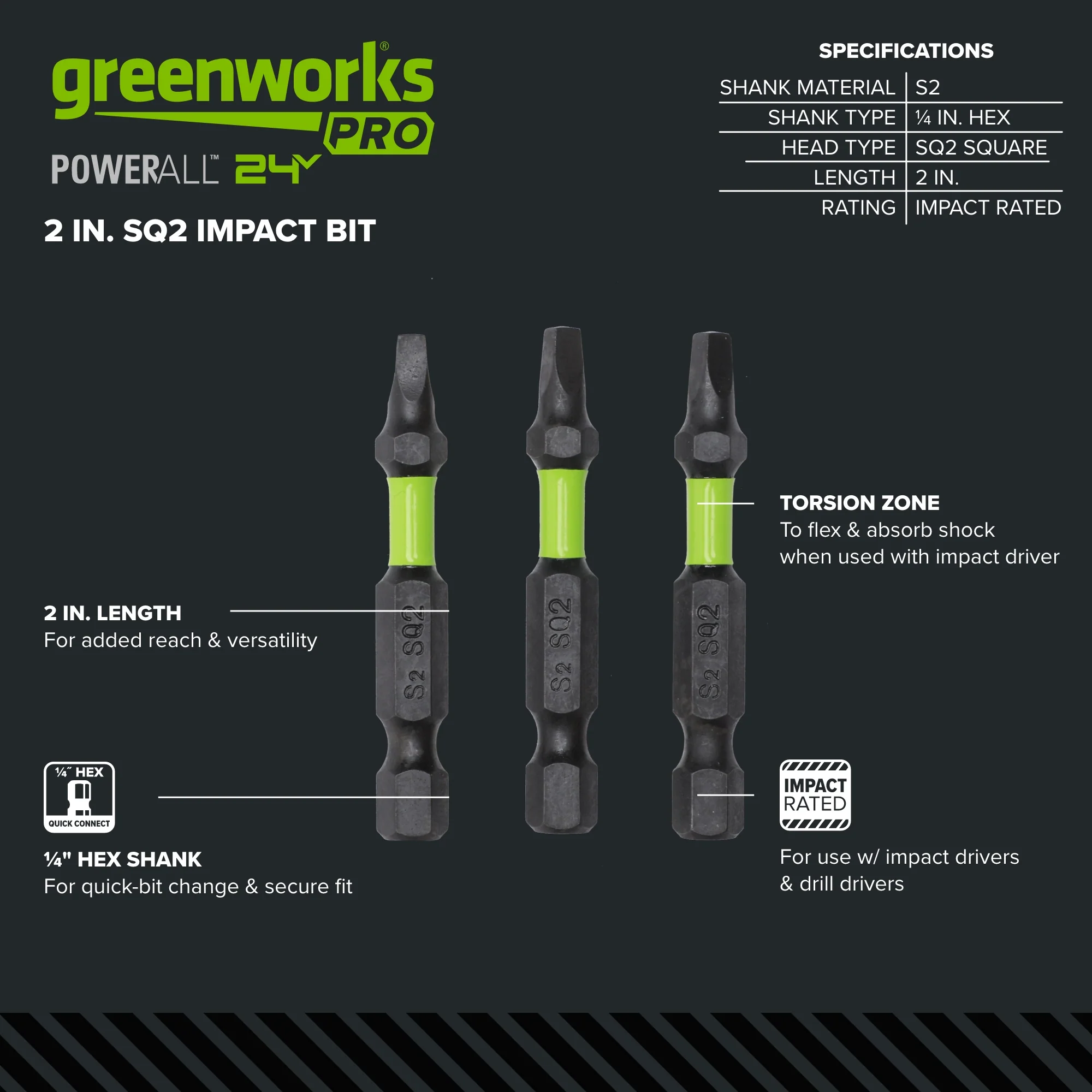 Pro 3-PC S2 2” Impact Rated Bits - Square (#2) - Image 3