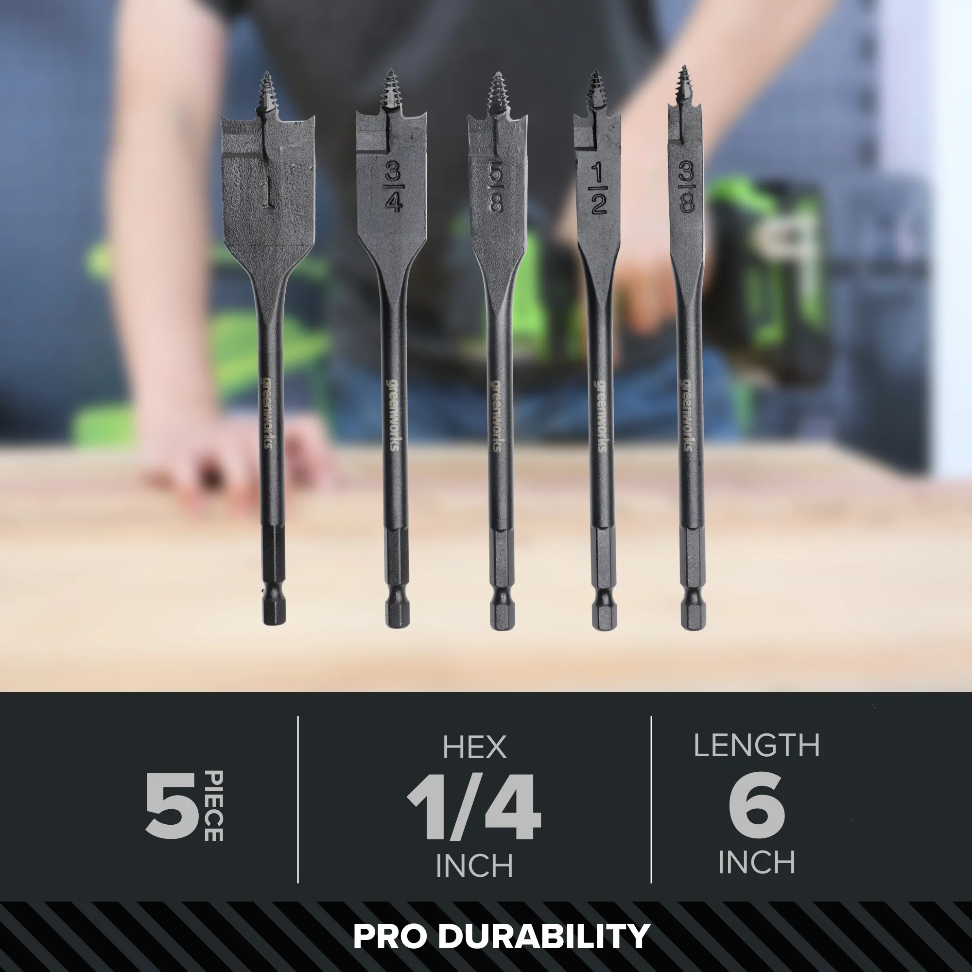 Pro 5-PC Spade Drill Bit Set w/ Full Threaded Pilot Point - Image 2
