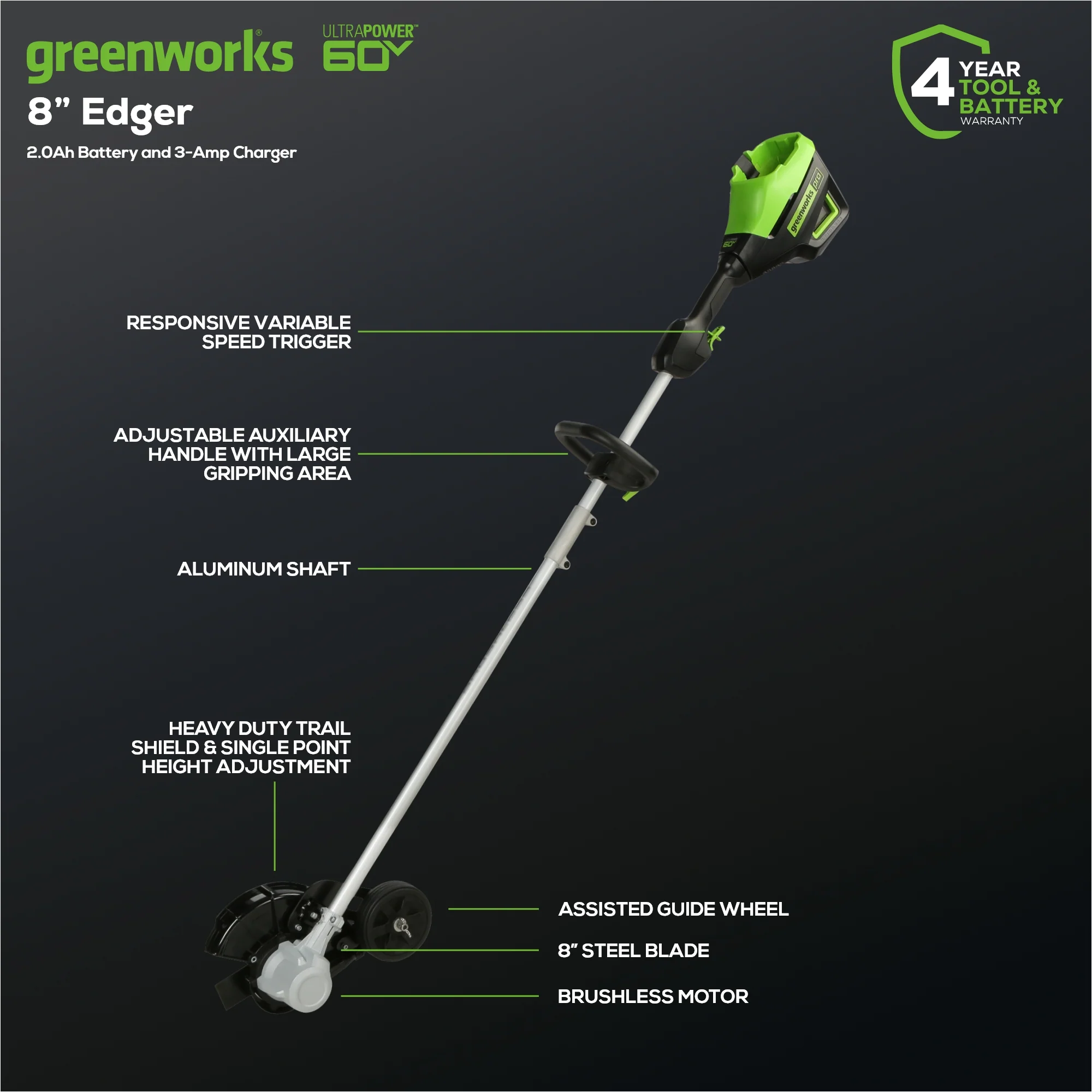 60V 8" Cordless Battery Edger: 2.0 Ah Battery and Charger - Image 2