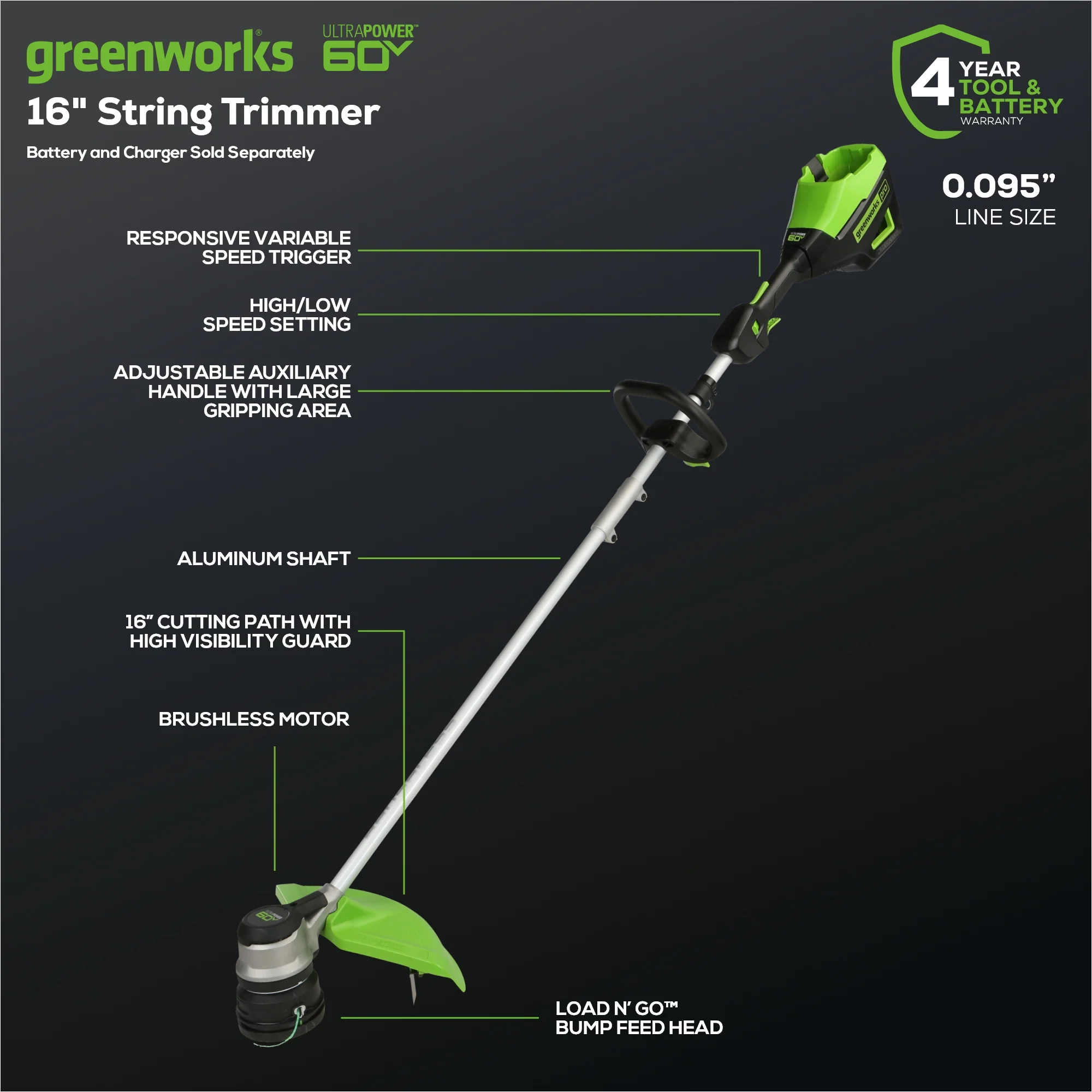 60V 16" Gen2 Cordless Battery String Trimmer (Tool Only) - Image 3