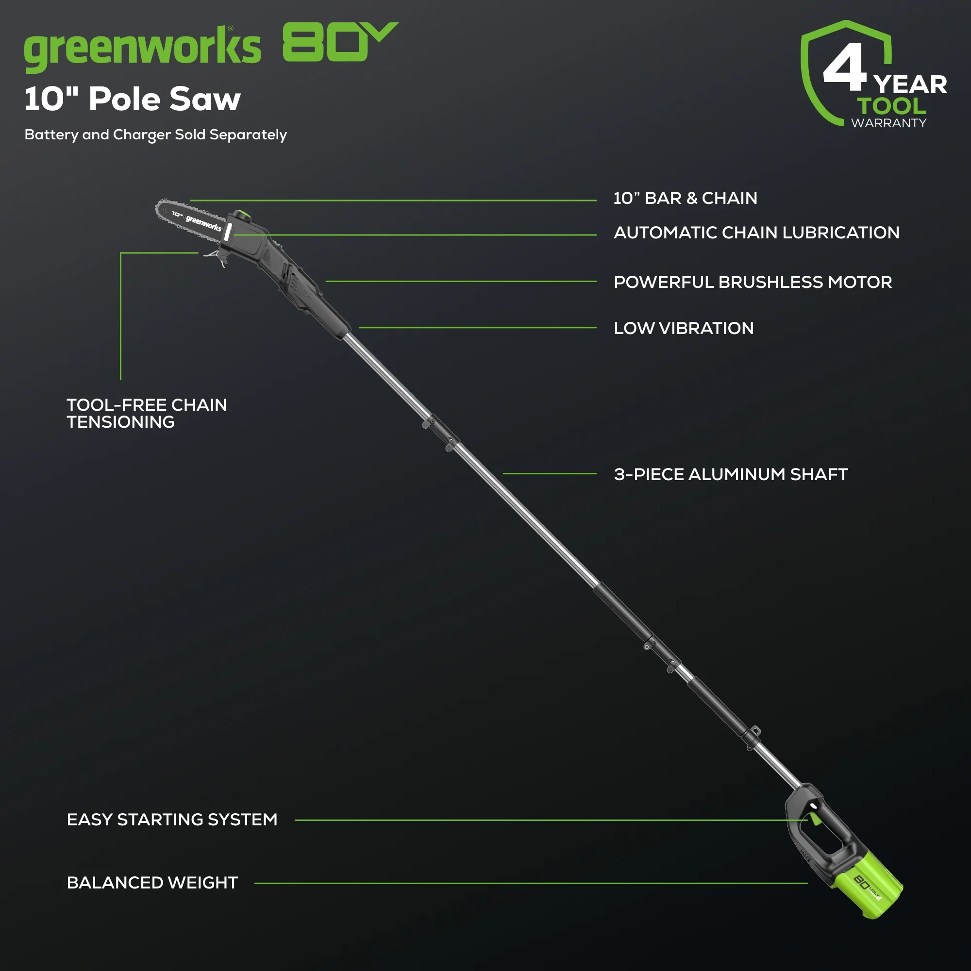 80V 10" Cordless Battery Pole Saw (Tool Only) - Image 3