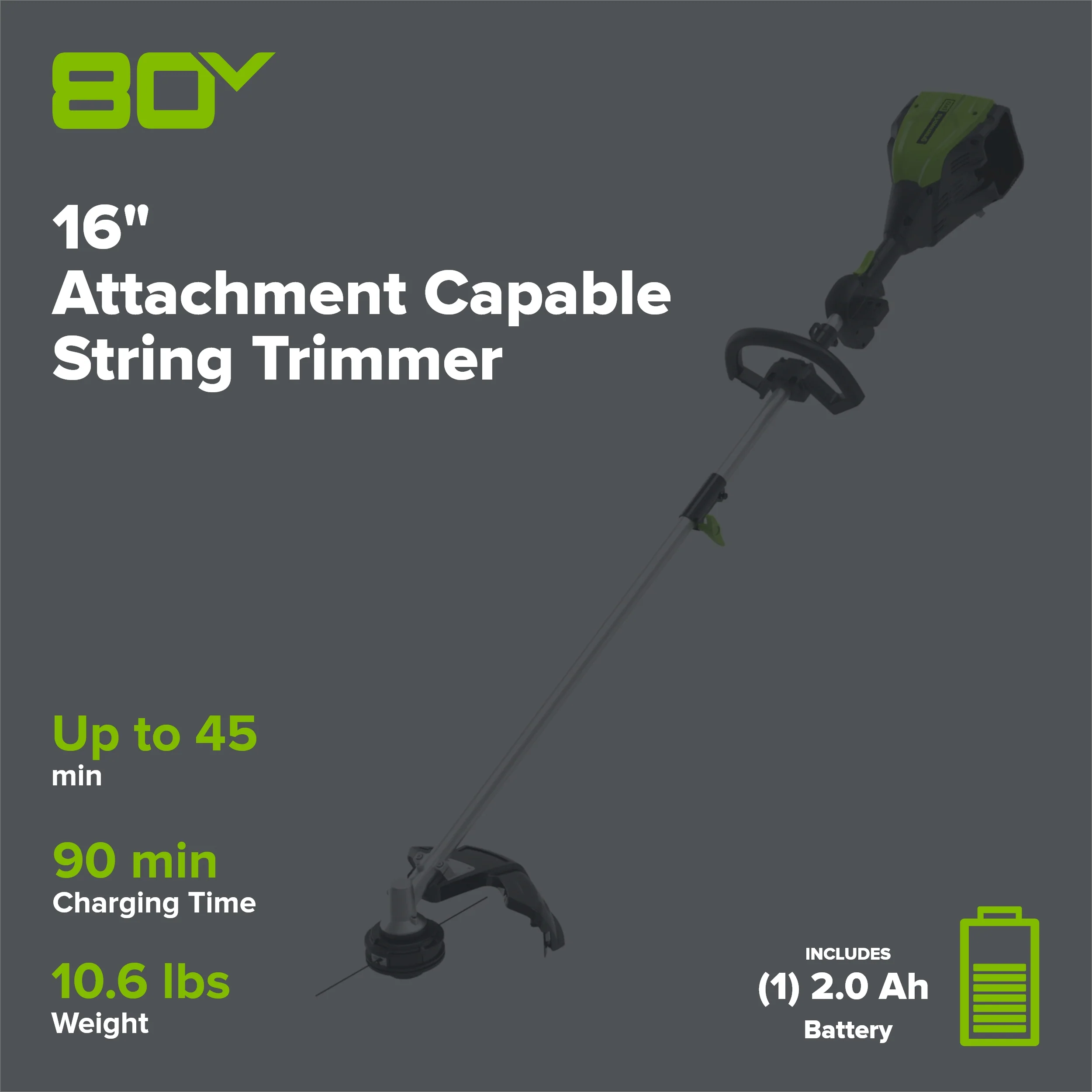 80V 16" Cordless Battery String Trimmer (Attachment Capable) w/ 2.0Ah Battery & Charger - Image 2