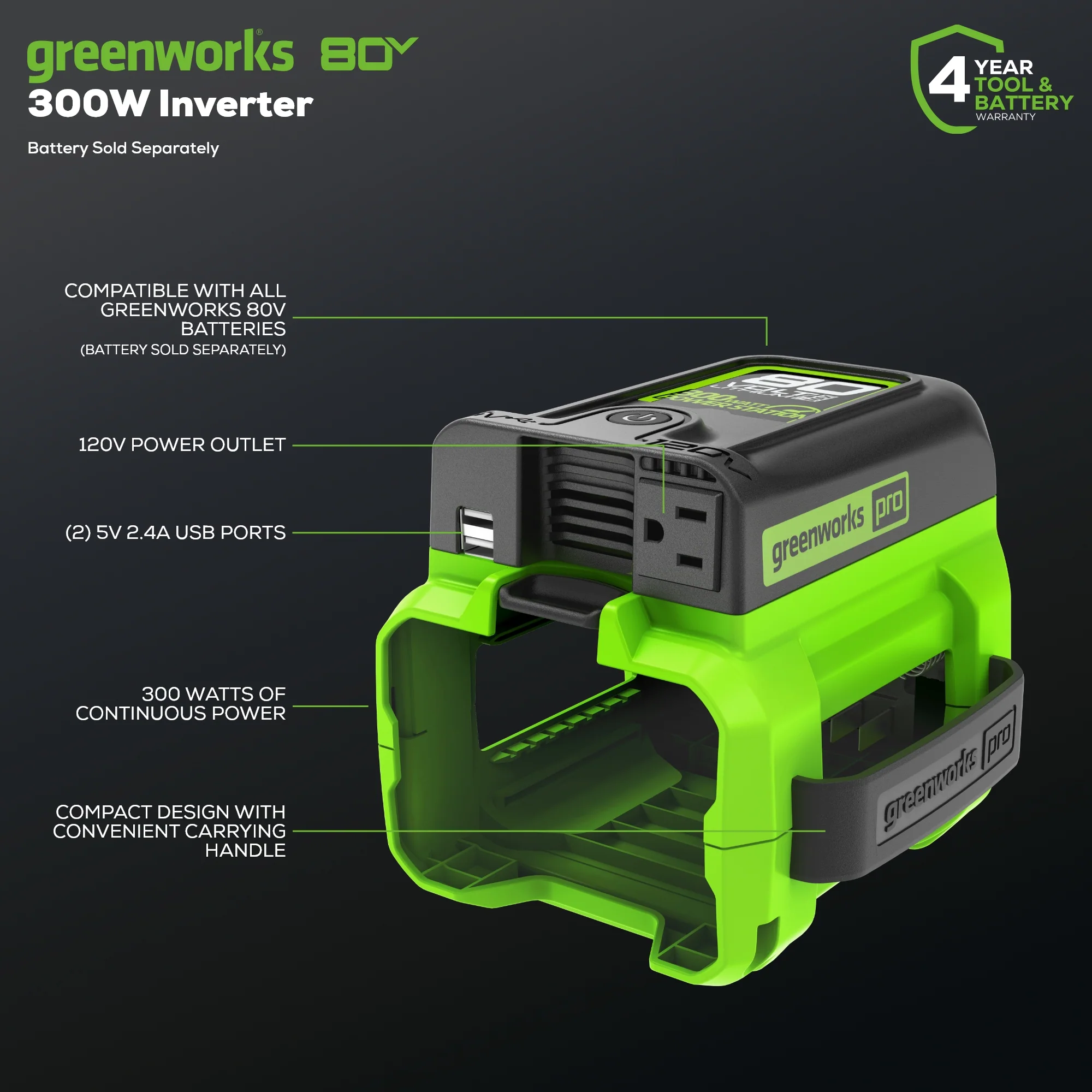 80V Cordless Battery 300 Watt Power Inverter (Tool Only) - Image 2